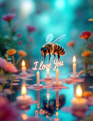 The primary subject of the image is a bee hovering over a candle. The setting is a garden with flowers, and the visual style is a digital art illustration. The dominant colors are pink and yellow, creating a warm and inviting atmosphere.