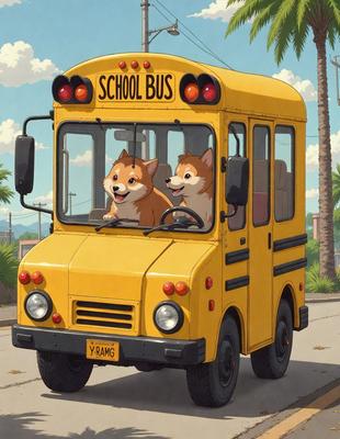 The primary subject of the image is a yellow school bus with two dogs sitting in the driver's seat. The setting is a street with a backdrop of palm trees. The visual style is an illustration or a cartoon, giving the scene a playful and whimsical atmosphere. The colors are predominantly yellow and orange, which are associated with the school bus and the warmth of the palm trees.