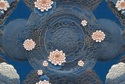 The primary subject of the image is a decorative plate with a blue background. The plate features a design of flowers, including a prominent lotus flower, which is a symbol of purity and enlightenment in many cultures. The setting is a blue background, which complements the colorful flowers on the plate. The visual style of the image is a combination of artistic design and digital art, creating a unique and eye-catching piece. The colors and mood of the image are vibrant and lively, with