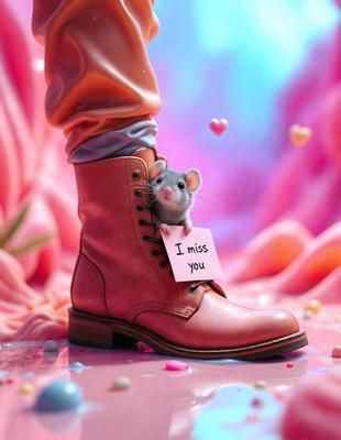 The primary subject of the image is a small mouse sitting on a pair of boots. The setting is a pink background, which adds a playful and whimsical touch to the scene. The visual style is a combination of photo and digital art, creating a unique and creative representation of the mouse on the boots. The colors and mood of the image are predominantly pink, which gives it a warm and cheerful atmosphere.
