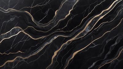 The primary subject of the image is a black and gold marble countertop. The setting is a kitchen, with the countertop being the main focus of the scene. The visual style is a close-up of the marble countertop, showcasing its intricate patterns and textures. The dominant colors are black and gold, creating a luxurious and elegant atmosphere.