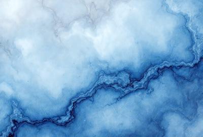 The primary subject of the image is a blue and white painting of a cloudy sky. The setting is a blue background, and the visual style appears to be a digital art or illustration. The dominant colors in the painting are blue and white, creating a serene and calming atmosphere.