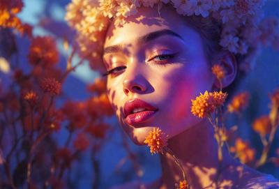 The primary subject of the image is a woman with a flower crown on her head. She is wearing a dress and is surrounded by flowers. The setting appears to be a garden or an outdoor location with a natural backdrop. The visual style of the image is a photo, capturing the woman's beauty and the vibrant colors of the flowers. The overall atmosphere of the image is serene and peaceful, with the woman exuding a sense of tranquility and connection to nature.