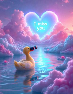 The primary subject of the image is a duck, which is floating on a body of water. The setting is a pink and white cloudy sky, creating a whimsical and dreamy atmosphere. The visual style is a digital art, with the duck and clouds being the main focus of the image. The colors and mood are predominantly pink and white, giving the scene a soft and gentle appearance.