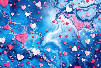 The primary subject of the image is a large number of hearts floating in a blue, swirling water. The hearts are scattered throughout the scene, with some closer to the foreground and others further away. The setting appears to be a swirling, blue ocean, creating a sense of depth and movement. The visual style of the image is a combination of digital art and illustration, with the hearts and water appearing to be digitally created while the overall atmosphere is one of calmness and tranquility.