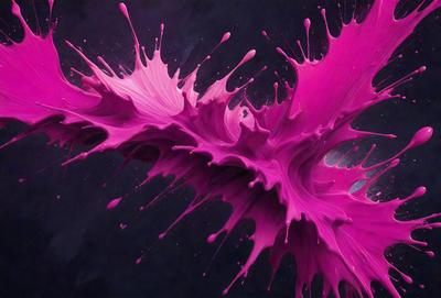 The primary subject of the image is a close-up of a pink and purple splash of paint, which appears to be a digital art or illustration. The setting is a dark background, which contrasts with the vibrant colors of the paint splash. The visual style suggests a creative and artistic approach to the image. The dominant colors are pink and purple, creating a lively and energetic atmosphere.