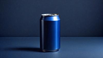 The primary subject of the image is a blue can of soda. The setting is a dark blue background, which creates a contrast with the blue can. The visual style is a photo, and the colors and mood are predominantly dark and moody.