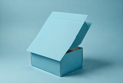 The primary subject of the image is a blue box with a lid. The box is sitting on a blue surface, which creates a cohesive and visually appealing scene. The visual style of the image is a photo, capturing the details of the box and its lid. The colors and mood of the image are predominantly blue, giving it a calm and serene atmosphere.