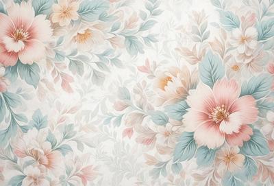 The primary subject of the image is a floral pattern, featuring a variety of flowers and leaves. The setting is a wall, and the visual style appears to be a combination of photo and digital art. The dominant colors in the image are pink, blue, and white, creating a warm and inviting atmosphere.