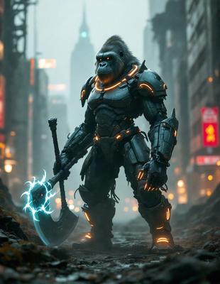 The primary subject of the image is a gorilla-like creature, possibly a gorilla or a gorilla-monkey hybrid, holding a large, glowing, lightning-shaped weapon. The creature is standing in a city environment, surrounded by buildings and a street. The visual style of the image is digital art, with the gorilla-like creature appearing as a character in a video game or an animated film. The dominant colors in the image are blue and orange, with the lightning-sh