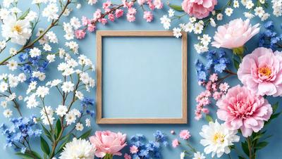 The primary subject of the image is a blue picture frame with a blank canvas. The setting is a beautiful garden with a variety of flowers, including pink and white flowers. The visual style is a combination of a photo and digital art, creating a vibrant and lively atmosphere. The colors and mood of the image are predominantly pink and white, with a touch of blue from the frame, giving the scene a warm and inviting feel.
