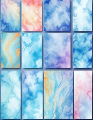 The primary subject of the image is a collection of six different colored paintings or artworks, each featuring a unique design. The setting is a wall or a display area, showcasing the artworks. The visual style is a mix of digital art and illustration, as the artworks are displayed in a visually appealing manner. The colors and mood of the artworks vary, with each piece having a distinct color palette and atmosphere.