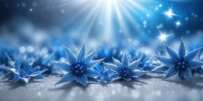 The primary subject of the image is a group of blue flowers, possibly frost flowers, sitting on a white surface. The setting appears to be a snowy environment, with the flowers being the main focus of the scene. The visual style of the image is a close-up of the flowers, with a clear and detailed representation of the blue flowers. The colors and mood of the image are predominantly blue, creating a serene and peaceful atmosphere.