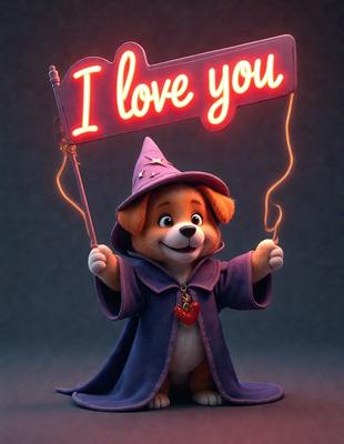 The primary subject of the image is a small stuffed dog wearing a wizard's hat and a cape. The dog is holding a sign that reads "I love you." The setting is a dark room, and the visual style appears to be a digital art or illustration. The colors in the image are predominantly dark, with the stuffed dog and the sign being the main focus. The overall atmosphere is warm and affectionate, as the stuffed dog is expressing its love for someone.