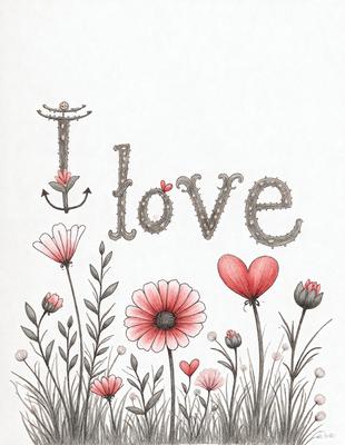 The primary subject of the image is a bouquet of flowers, with a focus on a pink flower. The setting is a field of flowers, and the visual style is a combination of digital art and illustration. The colors are predominantly pink and red, creating a warm and inviting atmosphere.
