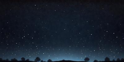 The primary subject of the image is the night sky filled with stars. The setting is a field with trees in the background, creating a serene and peaceful atmosphere. The visual style is a combination of digital art and illustration, with the stars and trees depicted in a detailed and artistic manner. The colors and mood of the image are predominantly dark and tranquil, with the stars and trees providing a sense of calmness and beauty.