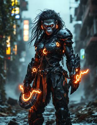 The primary subject of the image is a woman dressed in a futuristic outfit, standing in a city street. She is holding a weapon, possibly a sword, and appears to be a warrior or a character from a video game. The setting is a city environment, with buildings and possibly other people visible in the background. The visual style of the image is digital art, as it is a detailed and well-rendered illustration. The colors and mood of the image are dark and dramatic, with the woman's out