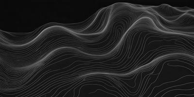 The primary subject of the image is a black and white drawing of a mountainous landscape. The setting is a dark background, which contrasts with the white lines of the mountain range. The visual style is a combination of digital art and illustration, creating a detailed and intricate representation of the mountainous terrain. The colors and mood of the image are predominantly dark, with the white lines of the mountain range standing out against the black background.