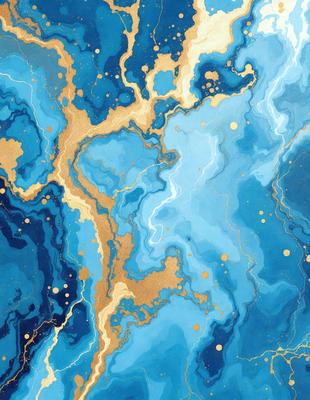 The primary subject of the image is a blue and gold painting featuring a swirling design. The setting is a blue background, and the visual style appears to be a digital art or illustration. The dominant colors in the painting are blue and gold, creating a sense of depth and richness in the artwork.