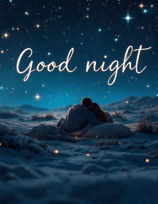 The primary subject of the image is a man and a woman sitting together on a blanket in a snowy field at night. They are embracing each other, creating a warm and intimate atmosphere. The setting is a snowy landscape with a night sky visible in the background. The visual style of the image is a combination of photo and digital art, giving it a unique and artistic appearance. The colors and mood of the image are predominantly dark and cold, with the warmth of the couple's embrace providing