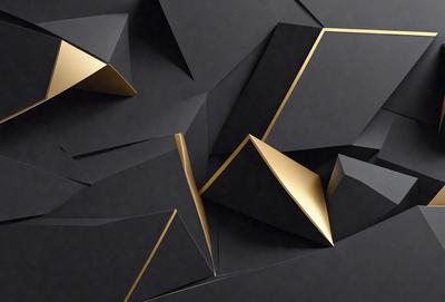 The primary subject of the image is a black and gold geometric pattern. The setting is a black background, and the visual style appears to be a combination of digital art and illustration. The dominant colors are black and gold, creating a striking and visually appealing pattern.