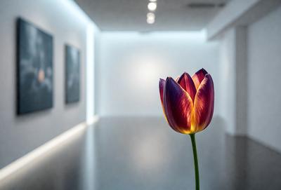 The primary subject of the image is a single, beautifully colored tulip flower. The setting is a white room with a hardwood floor, and the visual style is a photo. The dominant colors are the vibrant hues of the tulip, creating a lively and cheerful atmosphere.