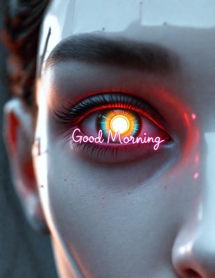 The primary subject of the image is a person's eye with a neon sign that reads "Good Morning" in the foreground. The setting appears to be a futuristic or digital environment, as the eye is depicted with a neon glow. The visual style is a combination of photo and digital art, creating a unique and eye-catching image. The dominant colors are neon shades of pink, orange, and yellow, which contribute to a warm and inviting atmosphere.