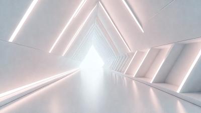 The primary subject of the image is a long, narrow hallway with a white color scheme. The setting is a white room with a white floor, and the visual style appears to be a digital art or illustration. The colors and mood of the image are predominantly white, creating a clean and minimalist atmosphere.