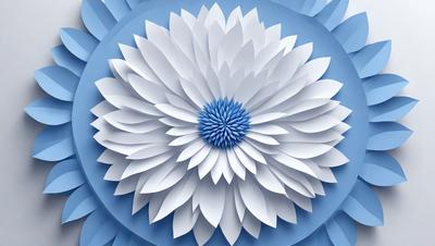 The primary subject of the image is a large, white, blue, and yellow flower. The flower is the main object, scene, or focus of the image. The setting or background features a blue surface, which adds to the overall atmosphere of the image. The visual style of the image is a combination of photo and digital art, creating a unique and eye-catching representation of the flower. The colors and mood of the image are vibrant and lively, with the blue and yellow hues creating a sense of freshness and