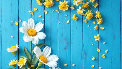 The primary subject of the image is a white flower with yellow petals, which is placed in front of a blue wall. The setting appears to be a studio or a controlled environment, as the flower is the main focus of the image. The visual style is a close-up of the flower, showcasing its details and colors. The dominant colors are white and blue, creating a calm and serene atmosphere.