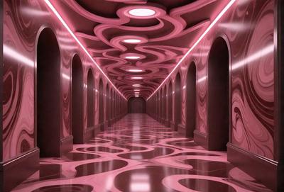 The primary subject of the image is a long, narrow hallway with a pink color scheme. The setting is a dark, underground tunnel with a patterned floor. The visual style is a combination of photo and digital art, creating a unique and intriguing atmosphere. The colors and mood are predominantly pink, giving the space a warm and inviting feel.