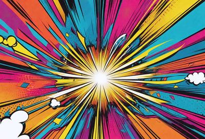 The primary subject of the image is a bright, colorful explosion. The setting is a colorful background, which adds to the vibrant atmosphere of the scene. The visual style is a combination of digital art and illustration, creating a dynamic and eye-catching image. The colors and mood are predominantly bright and energetic, with a sense of excitement and movement.