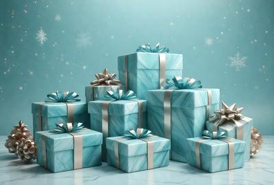The primary subject of the image is a stack of blue and white presents. The setting is a white background, and the visual style is a photo. The dominant colors are blue and white, creating a calm and festive atmosphere.