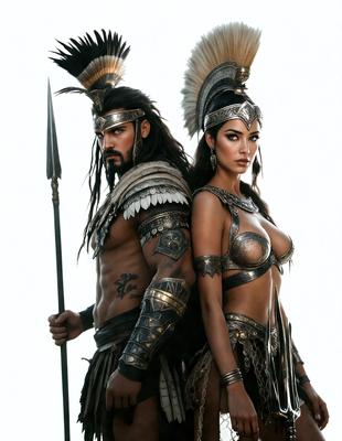 The primary subject of the image is a man and a woman, both dressed in ancient Egyptian costumes. They are standing next to each other, with the man on the left and the woman on the right. The setting appears to be a white background, which emphasizes the costumes and the subjects. The visual style of the image is a combination of digital art and illustration, creating a detailed and realistic representation of the ancient Egyptian characters. The colors and mood of the image are predominantly gold and brown, which are