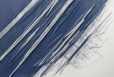 The primary subject of the image is a blue sky with a few white clouds. The setting is a blue background, and the visual style appears to be a combination of a photo and a drawing. The colors and mood of the image are predominantly blue and calm, creating a serene atmosphere.
