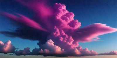 The primary subject of the image is a large, pink cloud with a purple hue. The cloud is surrounded by a blue sky, creating a striking contrast. The setting appears to be a cloudy day, with the cloud being the main focus of the scene. The visual style of the image is a combination of photo and digital art, giving it a unique and artistic appearance. The dominant colors of the image are pink and purple, creating a warm and inviting atmosphere.