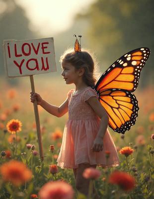 Primary subject: A young girl dressed as a butterfly holding a sign that says "I love you."

Setting/background: A field of flowers, with the girl standing in the middle of the field.

Visual style: The image is a digital art illustration.

Colors and mood: The image is in color, with a warm and cheerful atmosphere.