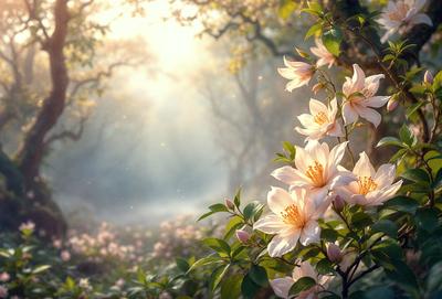 Primary subject: Flowers
Setting/background: Forest
Visual style: Digital art
Colors and mood: White and yellow flowers, with a sunny and bright atmosphere.