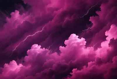 The primary subject of the image is a purple cloud with lightning bolts, creating a dramatic and intense atmosphere. The setting is a dark sky, which contrasts with the vibrant purple hue of the cloud. The visual style is a combination of photo and digital art, as the cloud appears to be a digital manipulation of a natural scene. The colors and mood of the image are predominantly purple, with the lightning bolts adding a sense of energy and power to the scene.
