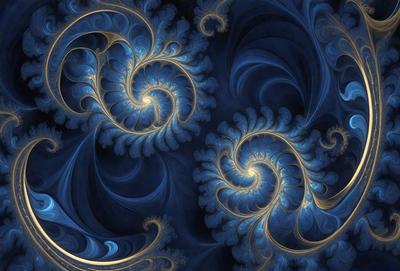 The primary subject of the image is a blue spiral pattern, which is the main object, scene, or focus of the image. The setting or background features a blue and gold swirl pattern, which adds to the visual style of the image. The colors and mood of the image are predominantly blue and gold, creating a sense of elegance and sophistication.
