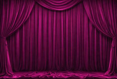 The primary subject of the image is a purple curtain, which is the main object, scene, or focus of the image. The setting is a stage, with the curtains as the backdrop. The visual style is a photo, and the dominant colors are purple and pink, creating a warm and inviting atmosphere.