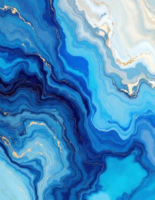 The primary subject of the image is a blue and gold swirling pattern, which appears to be a painting or a digital artwork. The setting is a blue background, and the visual style is a combination of photo and digital art. The dominant colors are blue and gold, creating a vibrant and lively atmosphere.