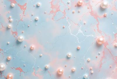 The primary subject of the image is a close-up of a pink and blue background with a pattern of white pearls. The setting appears to be a painting or digital artwork, as the background is a mix of pink and blue with white pearls. The visual style is artistic, and the colors and mood convey a sense of elegance and sophistication.