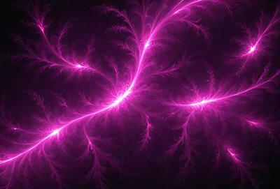 The primary subject of the image is a purple background with a pattern of bright pink lightning bolts. The setting appears to be a dark, possibly futuristic environment. The visual style is a combination of digital art and illustration, creating a unique and eye-catching design. The dominant colors are purple and pink, giving the image a vibrant and energetic atmosphere.