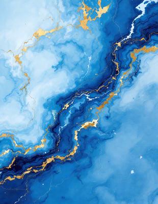 The primary subject of the image is a blue and gold painting of a river. The setting is a blue background, and the visual style appears to be a digital art or illustration. The dominant colors in the painting are blue and gold, creating a serene and calming atmosphere.