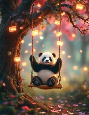 The primary subject of the image is a cute panda bear sitting in a swing. The setting is a forest with a tree and a swing. The visual style is a digital art illustration, creating a whimsical and playful atmosphere. The colors are predominantly pink and white, giving the scene a soft and gentle mood.