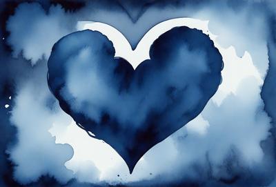 The primary subject of the image is a blue heart, which is the main object, scene, or focus of the image. The setting or background features a blue sky, and the visual style appears to be a painting or drawing. The colors and mood of the image are predominantly blue, creating a calm and serene atmosphere.