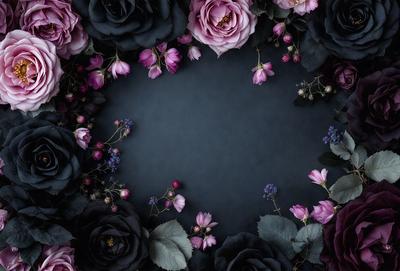 The primary subject of the image is a blue background with a circle of flowers. The flowers are predominantly pink and purple, creating a visually appealing and vibrant scene. The setting appears to be a dark room, possibly a studio or a room with a dim lighting. The visual style of the image is a combination of photography and digital art, as it captures the beauty of the flowers and the blue background. The colors and mood of the image are lively and cheerful, with the pink