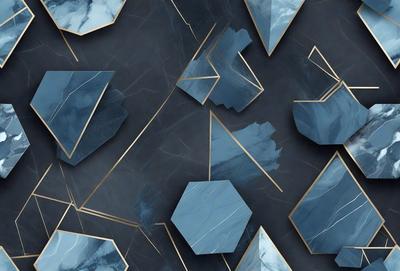 The primary subject of the image is a collection of blue and gold geometric shapes, which are arranged in a visually appealing manner. The setting is a black background, which contrasts with the blue and gold colors of the shapes. The visual style of the image is a combination of digital art and illustration, creating a unique and eye-catching design. The dominant colors in the image are blue and gold, giving the overall atmosphere a sense of sophistication and elegance.