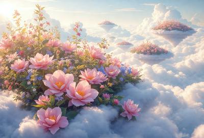 The primary subject of the image is a beautiful flower arrangement, featuring a variety of pink and purple flowers. The flowers are arranged in a cloud-like formation, giving the scene a whimsical and dreamy appearance. The setting is a cloudy sky, which serves as a stunning backdrop for the flower arrangement. The visual style of the image is a combination of digital art and illustration, creating a vibrant and captivating scene. The dominant colors in the image are pink and purple, which evoke